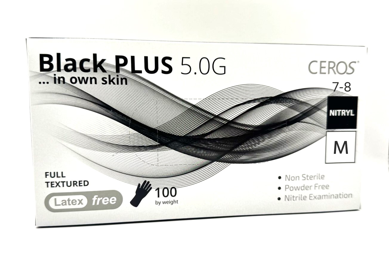 Рукавички нітрилові оглядові нестерильні неприпудрені CEROS Black PLUS 5.0G, M